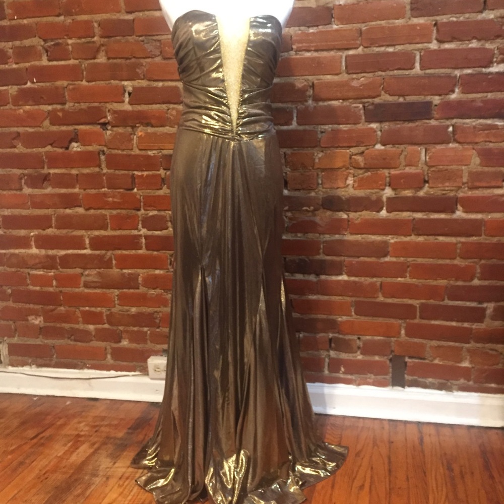 Alyce Designs gold strapless gown